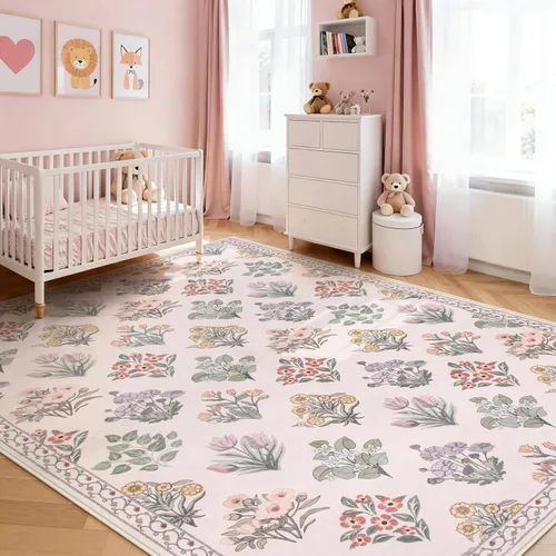 Miniatura 12 de Wonnitar Alfombras rosas para dormitorio, niñas, guardería, alfombra lavable con estampado floral de 5 x 7 pies, bohemio, ultrafina, antideslizante