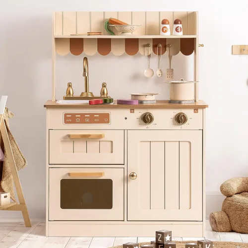 Miniatura 10 de ROBOTIME Juego de cocina de madera, juego de cocina de juego de simulación para niños con diseño realista, juego de cocina para niños y niños Rosa