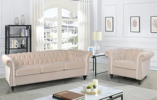 Miniatura 13 de RARZOE Chesterfield - Juego de sofá biplaza, beige, espuma, 1+2 plazas, 67 pulgadas de ancho x 32 pulgadas de profundidad x 27 pulgadas de alto