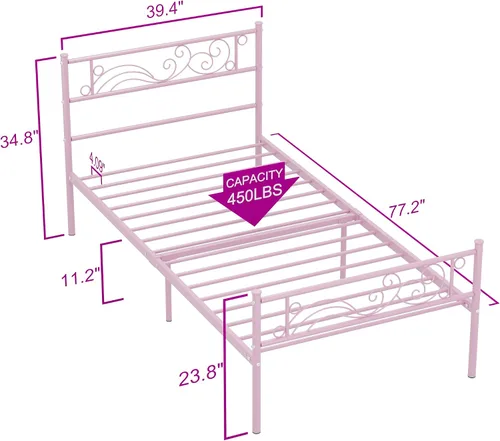 Miniatura 2 de Weehom Marco de cama de metal individual con almacenamiento, no necesita somier, listones de acero resistentes para niños, niñas, adolescentes, Rosa