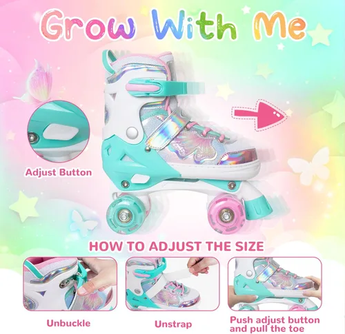 Miniatura 2 de Nattork Patines de Ruedas para Niñas y Niños, Patines Cuádruples de 4 Tamaños Ajustables con Diseño de Mariposa y Flor con Todas las Ruedas Verde