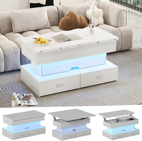 Miniatura 8 de Mesa de centro elevable de 40 pulgadas con luz LED, modernas mesas de centro grandes con almacenamiento y 4 cajones, mesa de centro de mesa