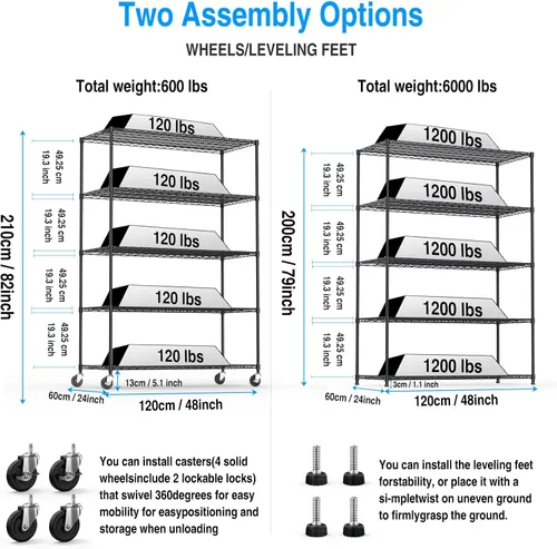 Miniatura 3 de Estantería de alambre de metal NSF de 5 niveles, capacidad de 6000 libras, estante de almacenamiento ajustable resistente con ruedas y Negro