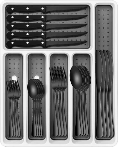 Juego de Cubiertos Negros, Umite Chef Juego de Cubiertos de 49 Piezas con Organizador de Cajón, Juego de Cubiertos de Acero Inoxidable Duradero para