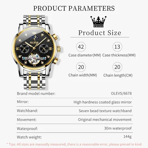 Miniatura 5 de OLEVS Relojes automáticos para hombre, impermeable, vestido de lujo, cuerda automática, esqueleto mecánico, tourbillon, fase lunar, acero