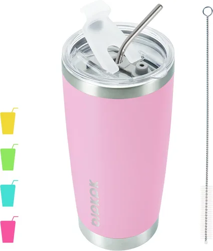 BJPKPK - Taza/vaso de 20 onzas de acero inoxidable con aislamiento, taza de café con tapa y pajilla, color rosa claro