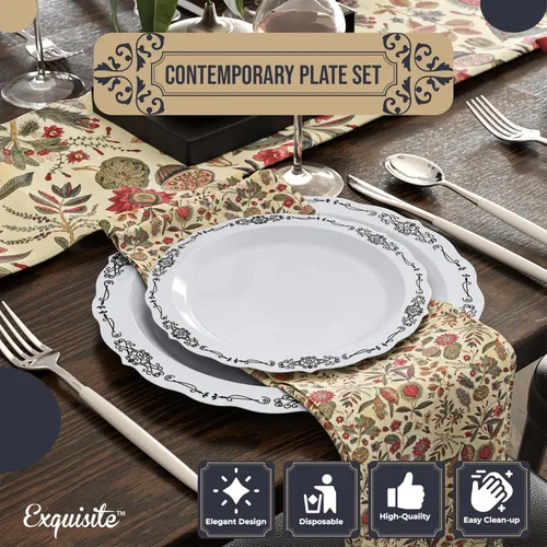 Miniatura 3 de Platos de plástico victorianos exquisitos, juego de 80 piezas para fiestas de 40 invitados - 40 x 7.5 pulgadas de postre y 40 x 10.25 pulgadas