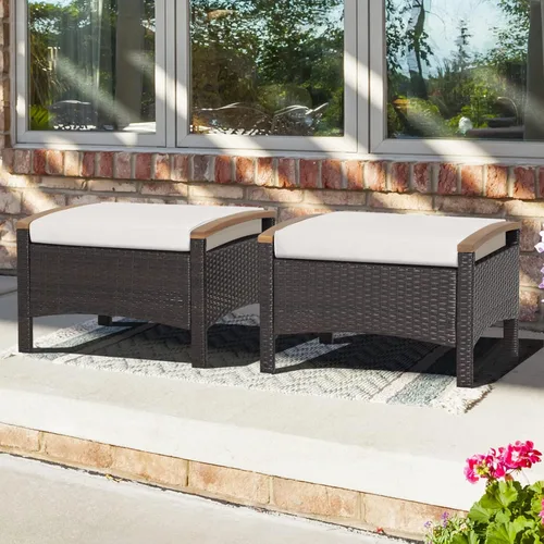 Miniatura 2 de Tangkula Otomanas de ratán de 2 piezas, reposapiés de mimbre para exteriores con asas de madera de acacia, cojines suaves con cremallera, asiento