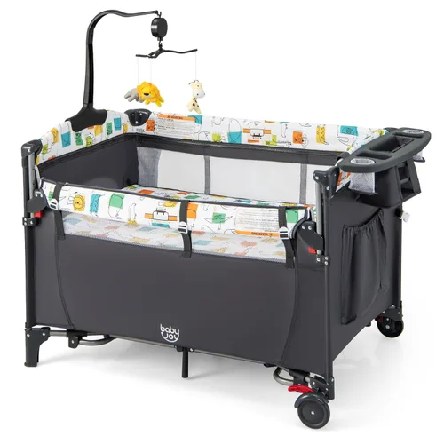 BABY JOY Paquete y juego 5 en 1, cama de noche para bebé con moisés, cuna multifunción para recién nacidos hasta niños pequeños, cambiador de Gris