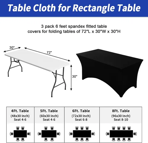 Miniatura 3 de Fixwal Paquete de 3 Manteles Negros para Mesas Rectangulares de 6 Pies, Manteles Rectangulares Elásticos de Spandex Ajustables de 6 Pies