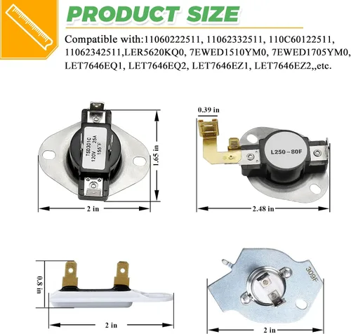 Miniatura 5 de 3392519 & 3977393 Dryer Thermal Fuse 3387134 Cycling Thermostat 3977767 High Limit Thermostat Replacement Kit - WP3392519 WP3387134 WP3977767