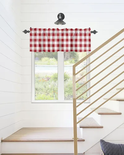 Miniatura 6 de Cortina de cenefas de granja para cocina, cafetería, moderna cenefa de ventana a cuadros rojos y blancos, cortinas cortas de 42 x 12 pulgadas
