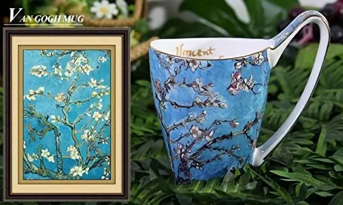 Miniatura 2 de Taza de café de porcelana de hueso YBK Tech, taza grande de 16oz de té - Diseño inspirado en las pinturas de Van Gogh (flor de albaricoque)