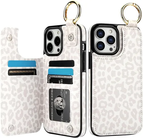 Miniatura 50 de HAOPINSH para iPhone 13 Estuche tipo cartera con tarjetero, patrón de leopardo blanco y guepardo, funda con tapa trasera para mujer y niña, ranuras
