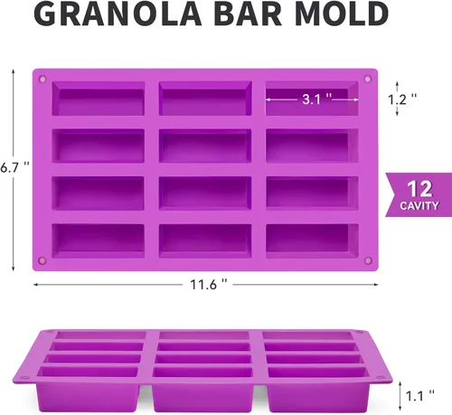 Miniatura 2 de Moldes de barra de granola de silicona de 12 cavidades, 2 moldes de barra de caramelo, molde rectangular de barra de proteínas para hornear barra