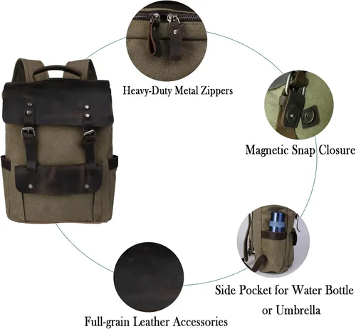 Miniatura 5 de Mochila de lona vintage con cuero de vaca de grano superior, bolsa de trabajo para portátiles de 16 pulgadas, Verde militar, Mochilas de viaje