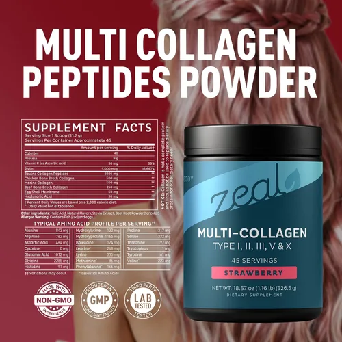 Miniatura 2 de Zeal Naturals Péptidos de proteína de colágeno múltiple en polvo tipo I II III V X - Vitamina C, biotina y ácido hialurónico - cabello, piel y uñas