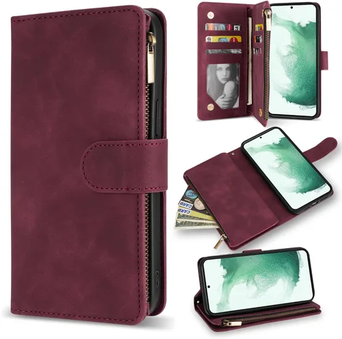 ZZXX Funda para Samsung Galaxy S22 Plus con ranura para tarjeta, piel sintética suave de alta calidad, con cremallera, con correa para la muñeca,
