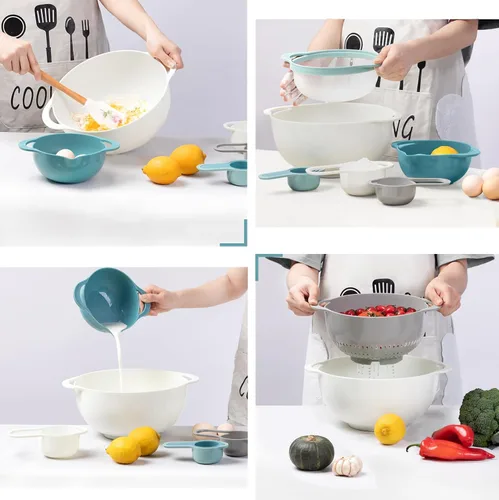 Miniatura 5 de Juego de 8 cuencos para mezclar, cuencos anidables con asa, incluye 2 cuencos para mezclar, 1 colador, 1 tamiz, 4 tazas medidoras para cocina