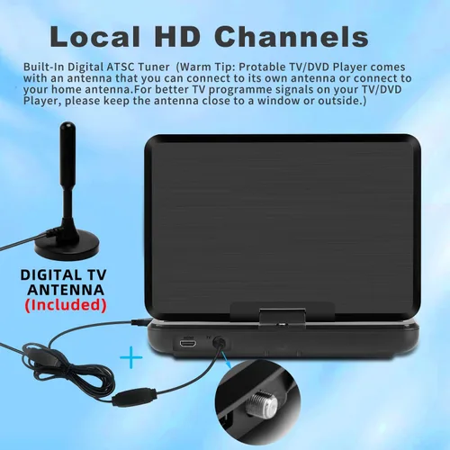 Miniatura 2 de Combo de reproductor de TV/DVD portátil de 12.5 pulgadas con pantalla giratoria HD de 10.1 pulgadas, sintonizador digital/HDMI/USB/AV, batería