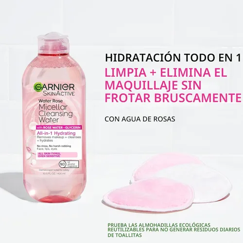 Miniatura 3 de Garnier Agua Micelar con Agua de Rosa y Glicerina, Limpiador Facial Hidratante y Removedor de Maquillaje, para Todo Tipo de Piel, Vegano, Sin