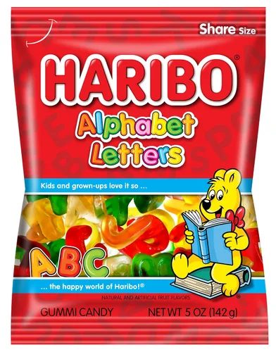 HARIBO Caramelos de goma, letras del alfabeto, bolsa de 5 onzas (paquete de 12)