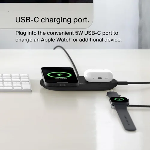 Miniatura 3 de Belkin Almohadilla de carga inalámbrica 2 en 1 con Qi2 de 15 W + puerto USB-C adicional - Cargador compatible con MagSafe, estación de carga