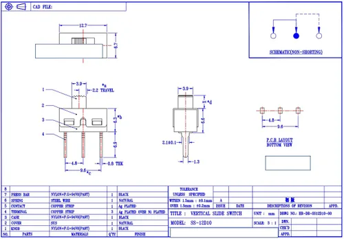Miniatura 6 de CYT1107 - Interruptor deslizante vertical de 0.197 in de alto, 2 pines, 2 posiciones, panel SPDT 1P2T (paquete de 20)