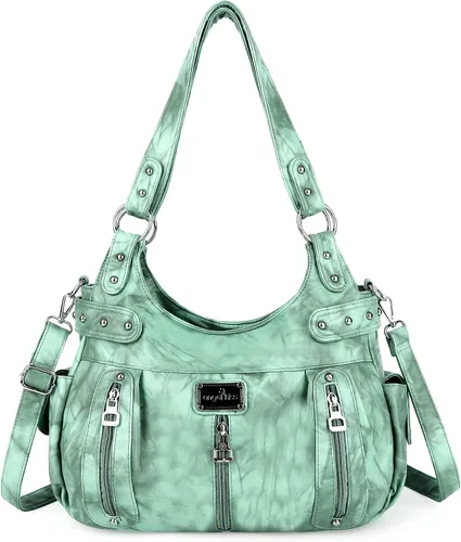 Miniatura 10 de Angelkiss Bolsos grandes y carteras para mujer de cuero sintético lavado tipo hobo, bandolera, bolso cruzado, bolso de hombro, bolso de mano