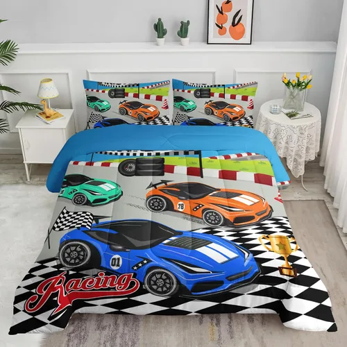 Miniatura 36 de Juego de edredón para niños Axolotl, tamaño individual, juego de ropa de cama con diseño de autos de carreras para niños, niñas, adolescentes