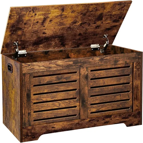 Miniatura 11 de DINZI LVJ Cofre de almacenamiento, caja de juguetes de madera de 39.4” con 2 bisagras de seguridad, banco de almacenamiento de zapatos retro