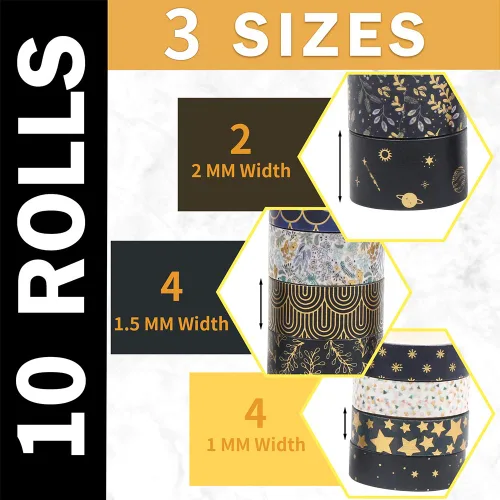 Miniatura 3 de CCINEE Cinta Washi de lámina dorada negra, cintas de enmascarar decorativas florales para diario de viñetas, álbumes de recortes, planificador