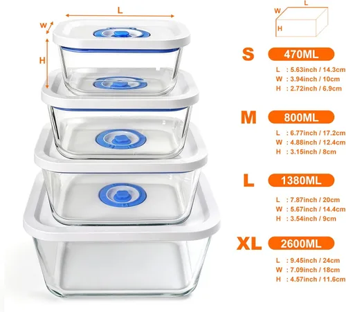 Miniatura 4 de Recipientes de vidrio de borosilicato con sellado al vacío para almacenamiento de alimentos, 3 tamaños (S, M, L), compatibles con máquinas