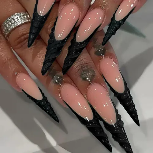 Miniatura 10 de Uñas postizas a presión para Halloween, con forma de hueso gótico, de terror, de cobertura completa, color blanco y negro, acrílico, para fiestas