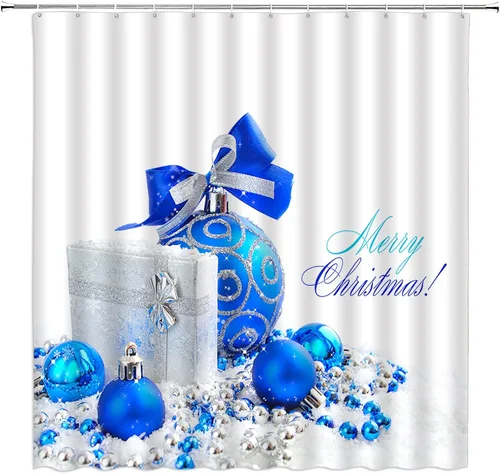 AMFD Cortina de ducha de Feliz Navidad, bolas de Navidad azules, fantasía, vacaciones de invierno, feliz año nuevo, blanco, juego de decoración de