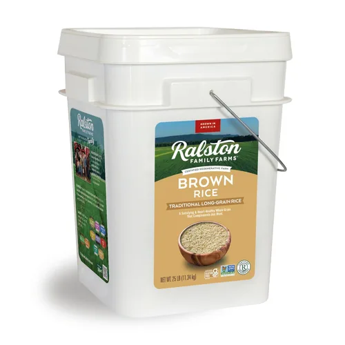 Ralston Family Farms Arroz integral tradicional, cubo de 25 libras, cultivado en Estados Unidos, sin OMG, naturalmente sin gluten