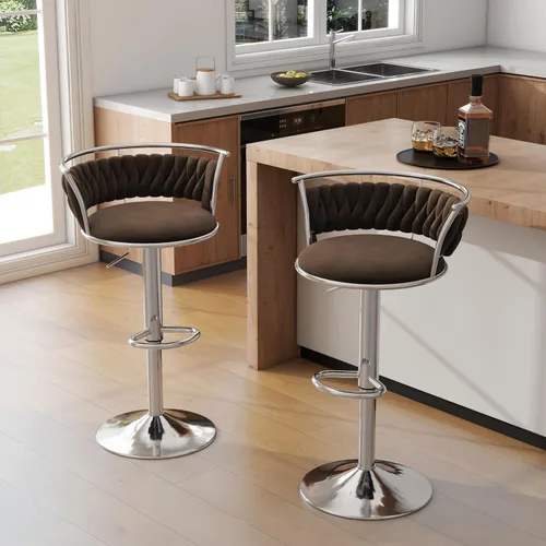 Miniatura 12 de Juego de 2 taburetes de bar giratorios de 360°, silla de bar de terciopelo ajustable a altura de mostrador moderna, taburete de metal plateado
