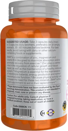 Miniatura 3 de NOW Foods Nutrición Deportiva, ZMA (Zinc, Magnesio y Vitamina B-6), Absorción Mejorada, Recuperación Deportiva*, 90 Cápsulas