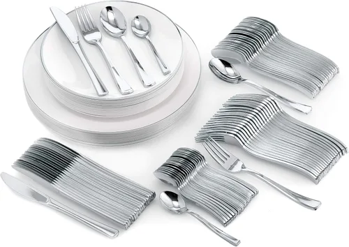 Miniatura 7 de Trendables Juego de 120 platos y cubiertos desechables con borde blanco y dorado de alta calidad, incluye tenedores, cuchillos, cucharas y cucharas