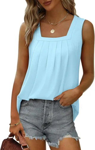 Miniatura 62 de Saloogoe - Camisetas sin mangas veraniegas para mujeres, plisadas con cuello cuadrado y dobladillo curvado, blusas de ajuste holgado con movimiento