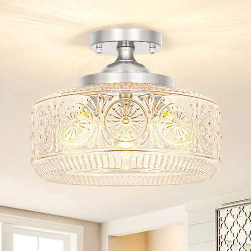 Miniatura 18 de DSMJFU - Lámpara de techo semiempotrada negra, lámpara de techo pequeña vintage, accesorio de iluminación de pasillo de vidrio blanco grueso, luz