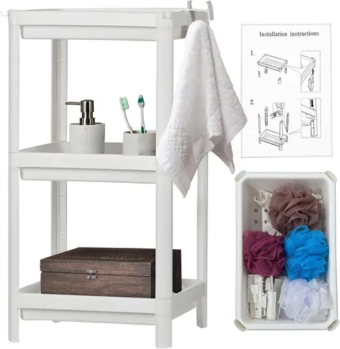 Organizador de plástico para ducha de 3 niveles, 9.1 x 14.2 x 27.6 pulgadas, estante de baño con juego de esponjas, ganchos de utilidad, organizador