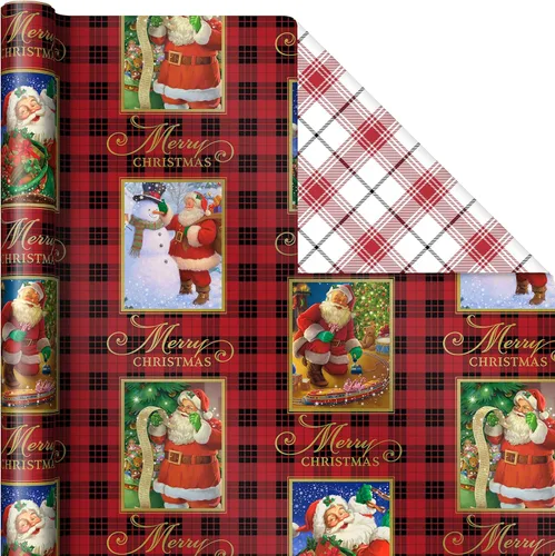 Miniatura 3 de Hallmark Papel de regalo de Navidad reversible (3 rollos: 120 pies cuadrados ttl) Papá Noel vintage, muñecos de nieve, cuadros tradicionales verdes