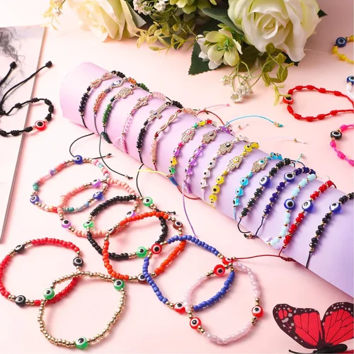 Miniatura 2 de WILLBOND 60 pulseras de ojo malvado pulseras mexicanas con nudo de cuerda pulseras de cuentas ajustables pulseras de eslabones de la suerte