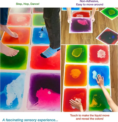 Miniatura 4 de Azulejos sensoriales para suelo, paquete de 4 (11.8 x 11.8 pulgadas cada uno), tapete de juego de azulejos líquidos coloridos para niños