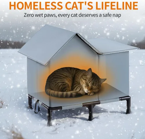 Miniatura 2 de Casa de gatos al aire libre aislada resistente al agua para invierno refugio para gatos salvajes con fondo elevado diseño auto-calentamiento a