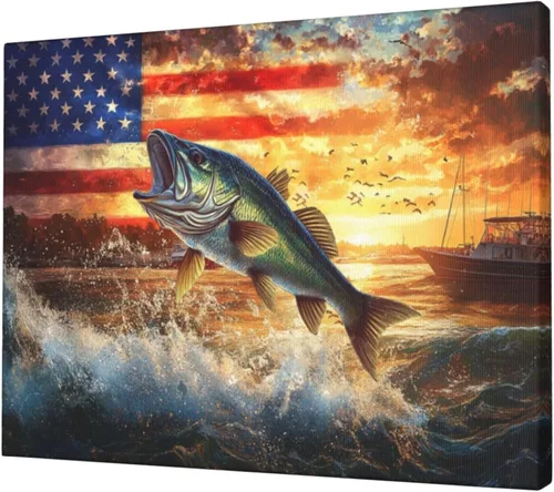 Arte de lienzo para pared con diseño de lubina, bandera americana antigua vintage, pintura de pez lubina, cuadros rústicos enmarcados para cocina,