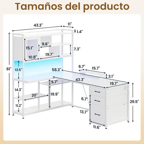 Miniatura 6 de SEDETA Escritorio para computadora en forma de L, escritorio de oficina de 58 pulgadas con 3 cajones y estantería, escritorio esquinero