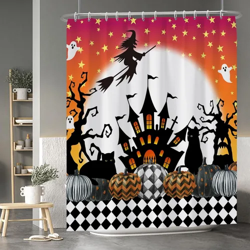 Miniatura 50 de Cortina de ducha de fantasma y gato negro para niños, 36 x 72 pulgadas, espeluznante y bonita, cortina de baño de Halloween con 6 ganchos, cortina