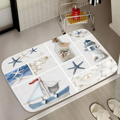 Miniatura 19 de Alfombra de baño de terciopelo coral con diseño náutico de tortugas marinas, animales de playa, tapete de ducha antideslizante para baño de océano